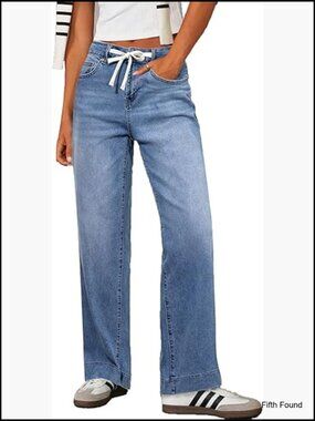 High Rise Wide Leg Baggy Stretchy Denim Jeans with Drawstring
